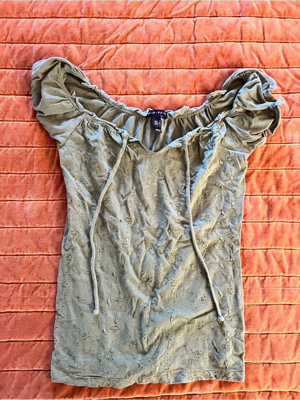 Vintage FANG Olive Green Off-Shoulder Eyelet Top Y2K